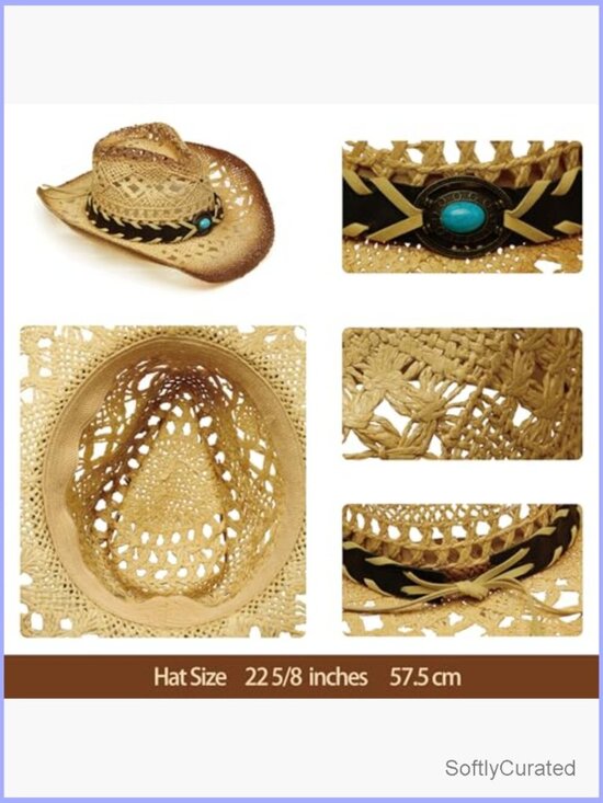 Unisex Wide Brim Raffia Cowboy Hat with Decorative Band main image 7